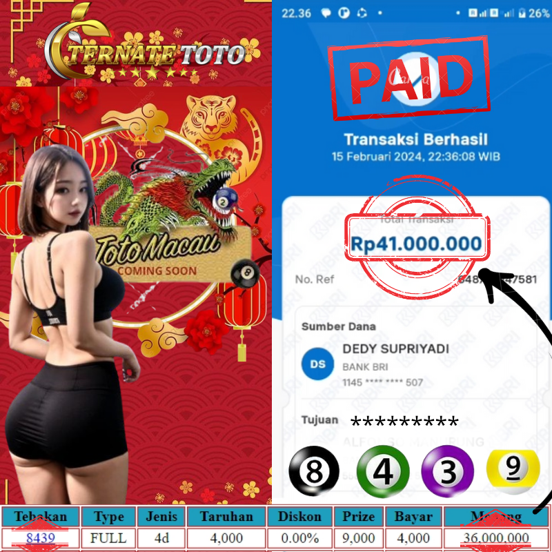 TERNATETOTO - MENANG TOTO MACAU 4D Rp. 41,000,000,-